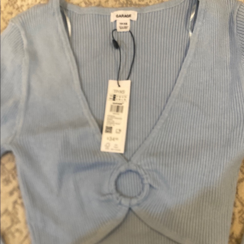 Blue Ribbed Crop Blouse with Cut Out